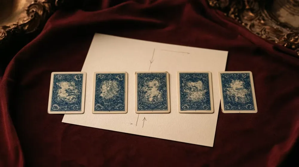 Cinq cartes de tarot alignées pour préparer une interprétation